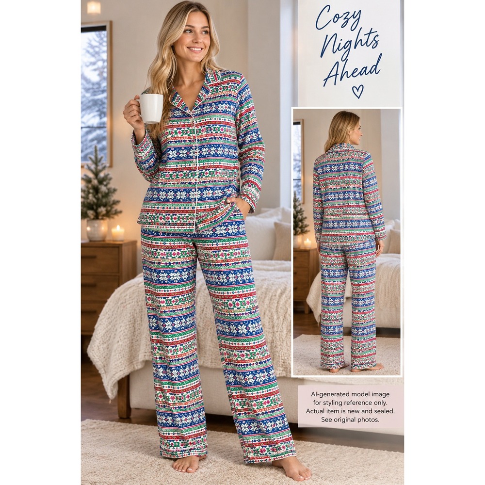 Lands End Pajama Set Women L Fair Isle 100% Cotton Flannel 2 Pc NEW SEALED